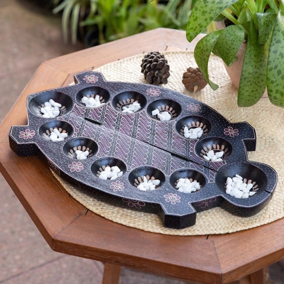 Foldable Turtle-Shaped Batik Wood Mancala Board Game Set 'Freshwater Turtle'
