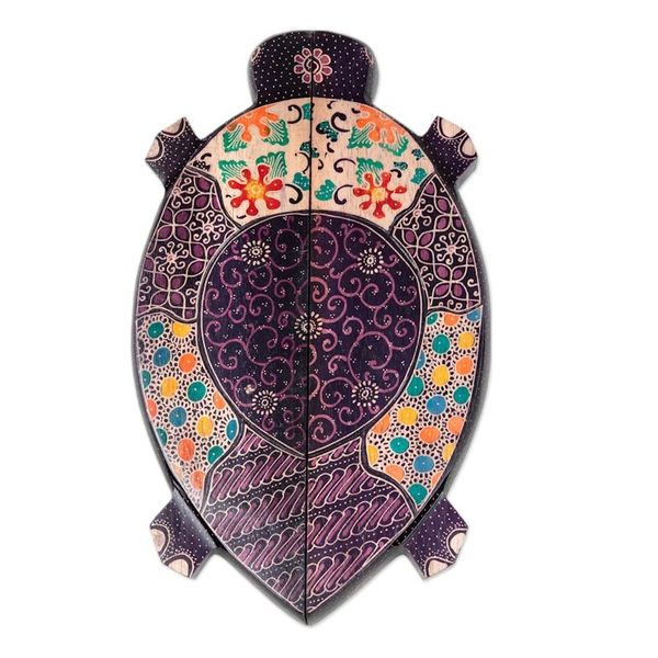 Alternate image for Foldable Turtle-Shaped Batik Wood Mancala Board Game Set Freshwater Turtle