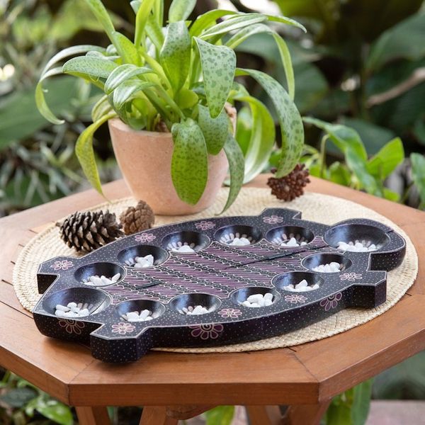 Alternate image for Foldable Turtle-Shaped Batik Wood Mancala Board Game Set Freshwater Turtle