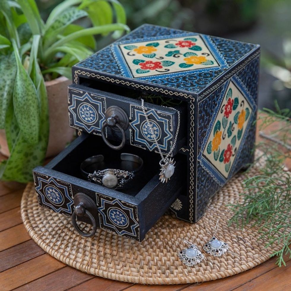 Handcrafted Blue-Toned Batik Ganitri Wood Jewelry Chest 'Midnight Palace'