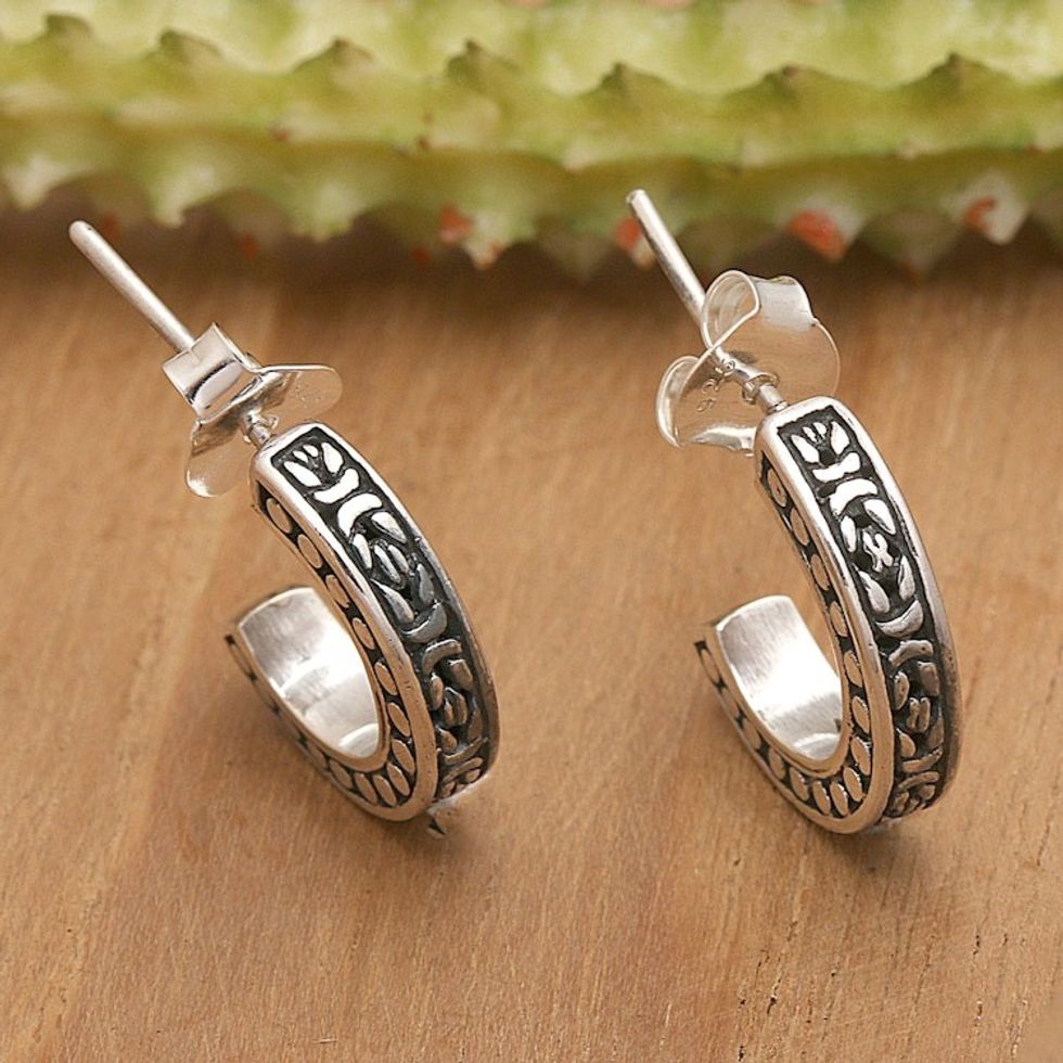 Traditional Sterling Silver Half-Hoop Earrings from Bali 'Woven Fate'