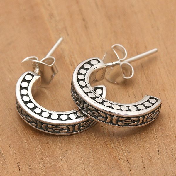 Alternate image for Traditional Sterling Silver Half-Hoop Earrings from Bali Woven Fate