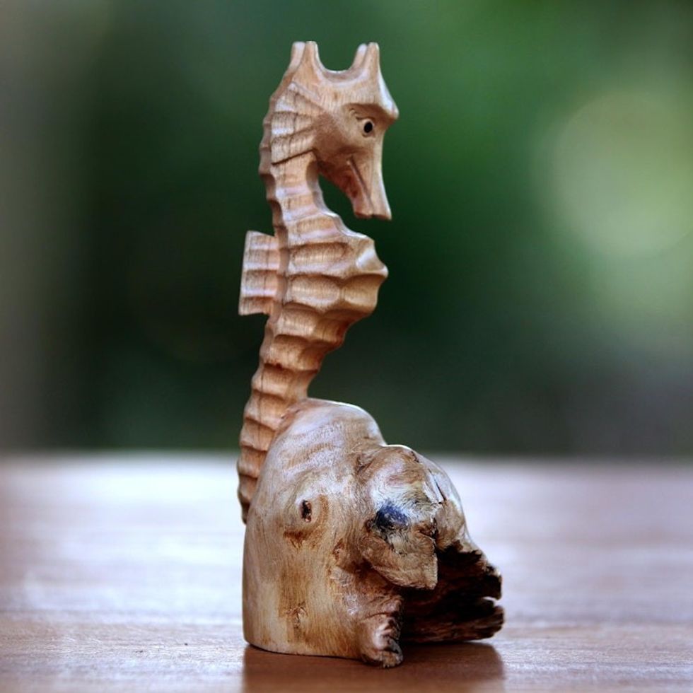 Hand-Carved Wood Seahorse Figurine from Bali 'Seahorse'