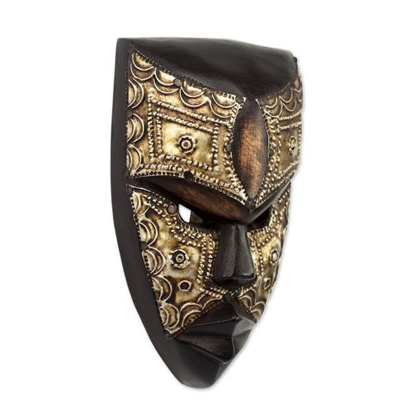 Alternate image for Aluminum and Wood African Mask Textured from Ghana Mbara Hunter
