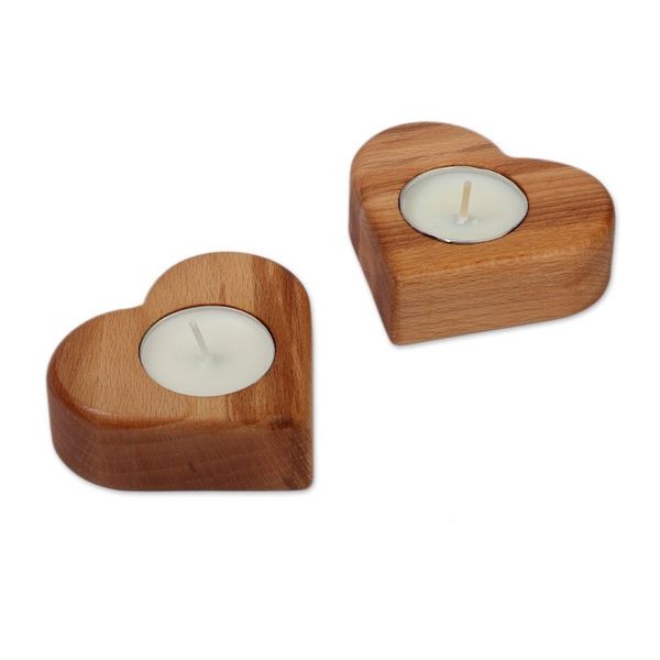 Alternate image for Romantic Heart-Shaped Beech Wood Tealight Candleholder Pair Romantic Illumination