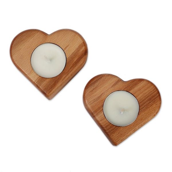 Alternate image for Romantic Heart-Shaped Beech Wood Tealight Candleholder Pair Romantic Illumination