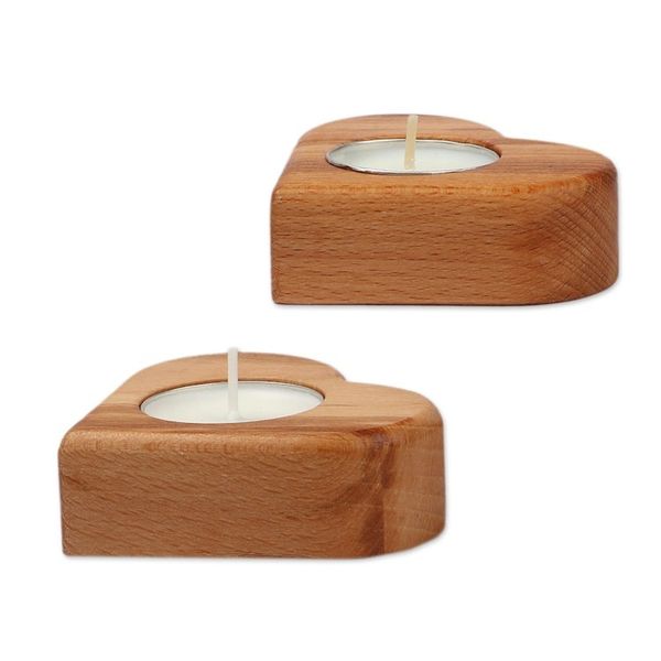 Alternate image for Romantic Heart-Shaped Beech Wood Tealight Candleholder Pair Romantic Illumination