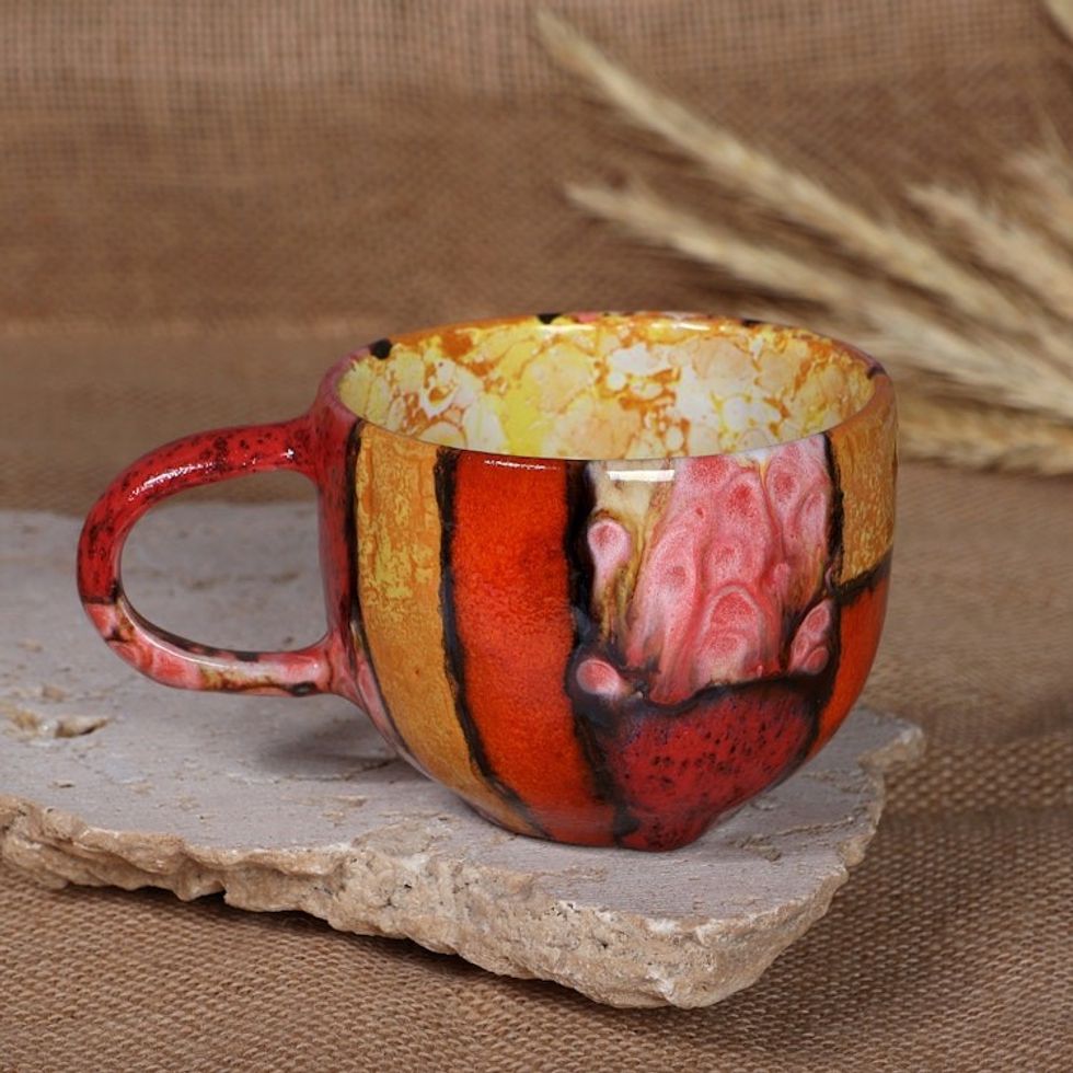 Red and Orange Glazed Ceramic Mug Handcrafted in Armenia 'Cozy Fire'