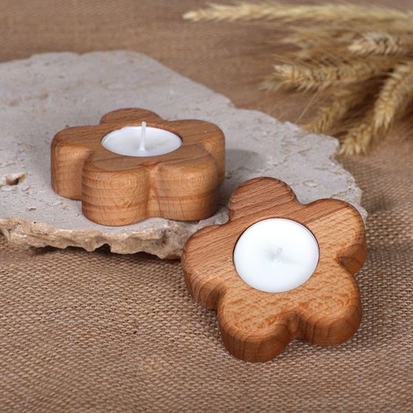 Alternate image for Spring-Themed Floral Beech Wood Tealight Candleholder Pair Blooming Illumination