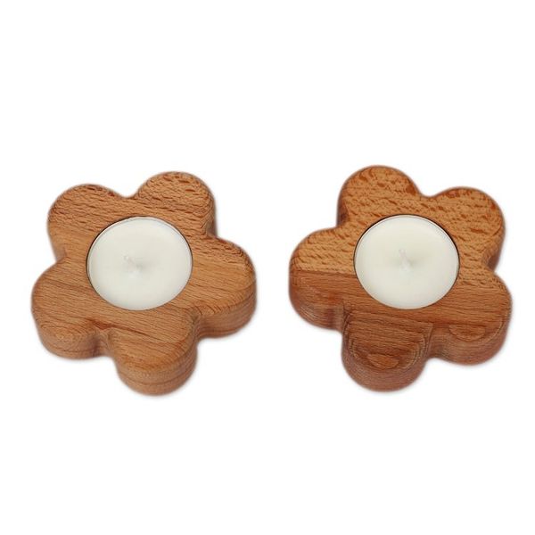 Alternate image for Spring-Themed Floral Beech Wood Tealight Candleholder Pair Blooming Illumination