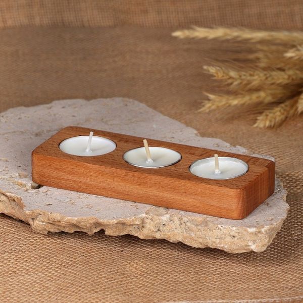 Alternate image for Modern Carved Beech Wood Tealight Candleholder from Armenia Triple Flames