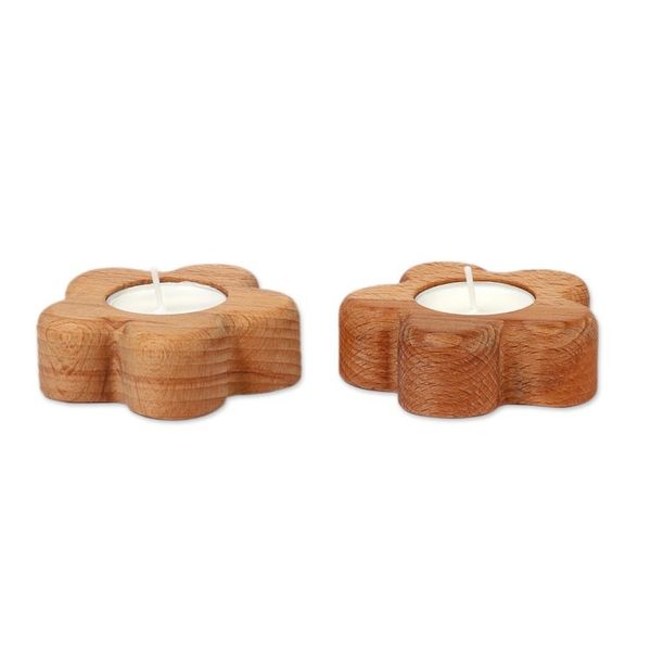 Alternate image for Spring-Themed Floral Beech Wood Tealight Candleholder Pair Blooming Illumination