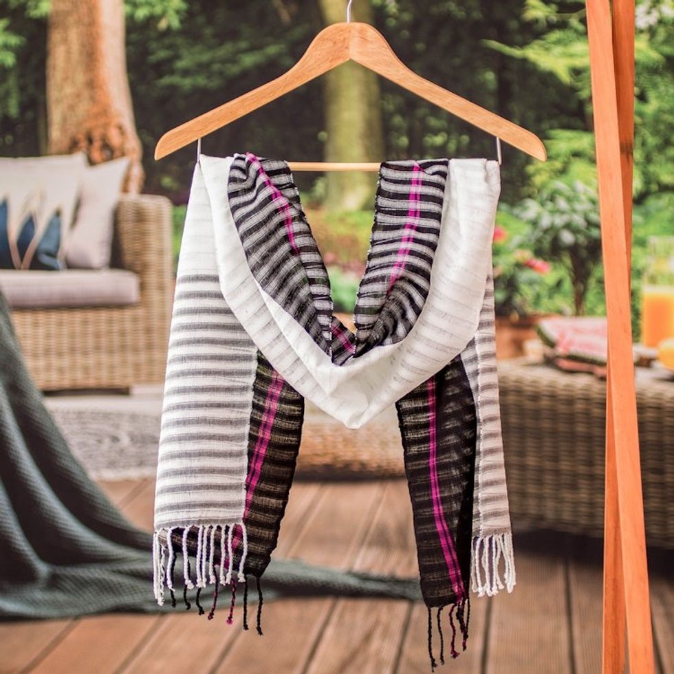 Striped Onyx and Ivory 100 Cotton Scarf Woven in Guatemala 'Light Shadow'