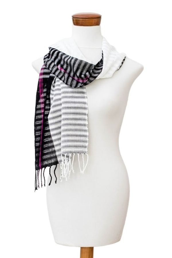 Alternate image for Striped Onyx and Ivory 100 Cotton Scarf Woven in Guatemala Light Shadow