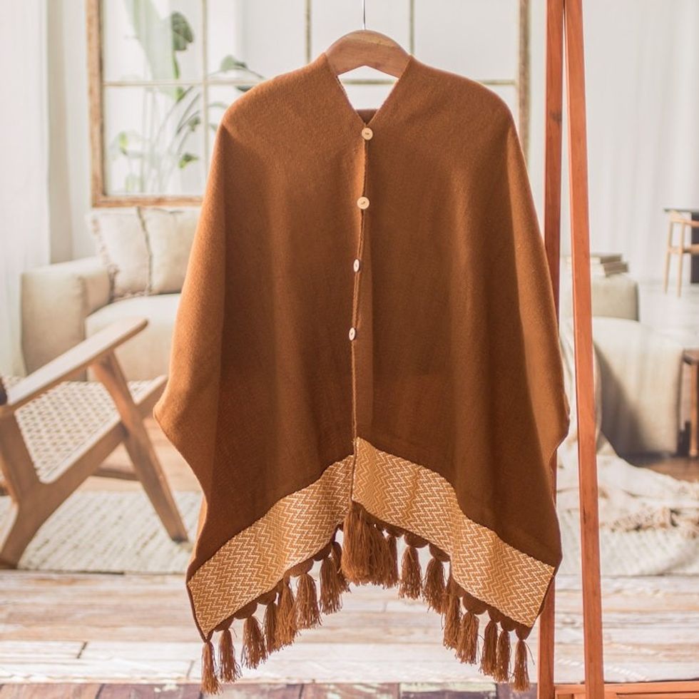 Handloomed Acrylic Cotton Poncho with Geometric Accents 'Sepia Zigzag'