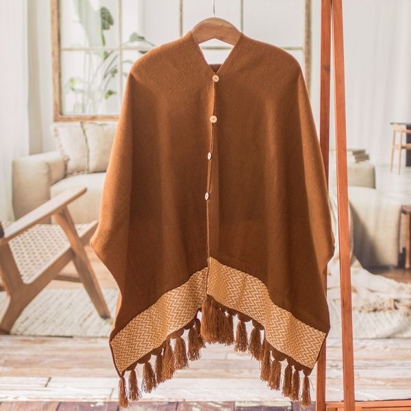Alternate image for Handloomed Acrylic Cotton Poncho with Geometric Accents Sepia Zigzag