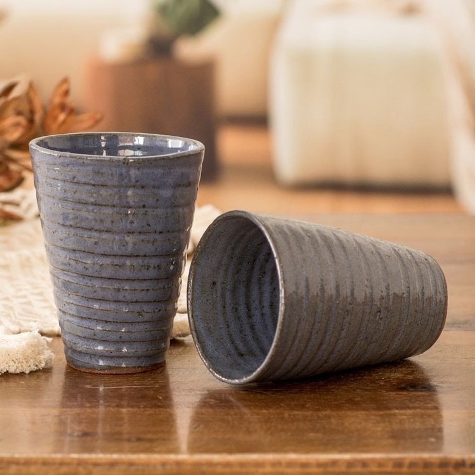 Pair of Shabby Chic Ceramic Cups in Blue and Brown 'Bluish Depth'