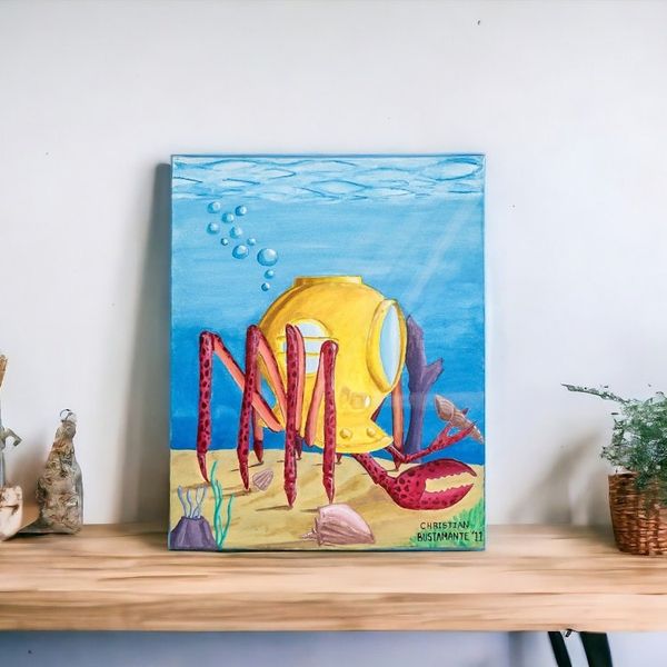 Alternate image for Acrylic on Canvas Surrealist Painting of a Diver Crab Diver Crab