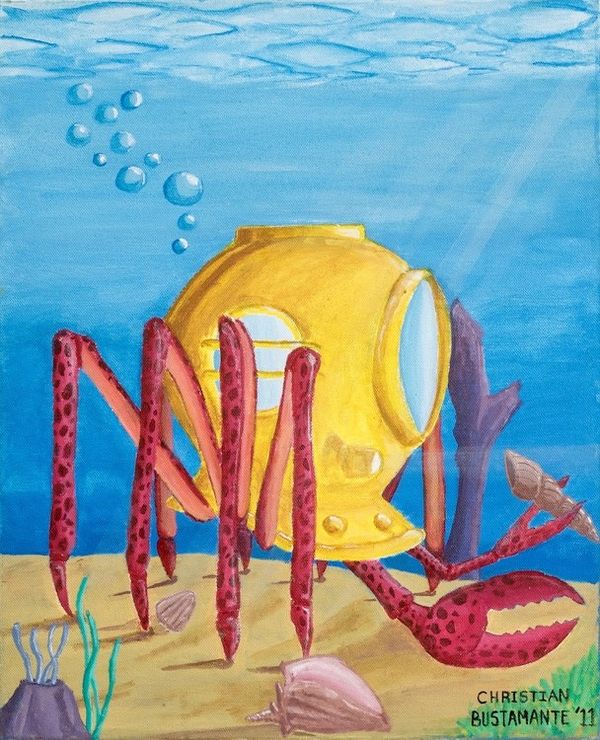 Alternate image for Acrylic on Canvas Surrealist Painting of a Diver Crab Diver Crab