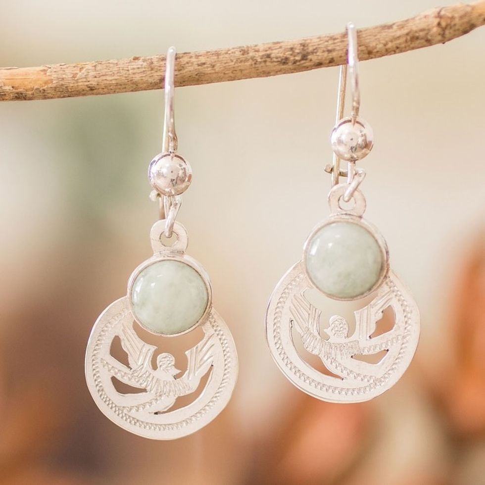 Sterling Silver Apple Green Jade Bird-Themed Dangle Earrings 'Apple Green Quetzal Patriot'