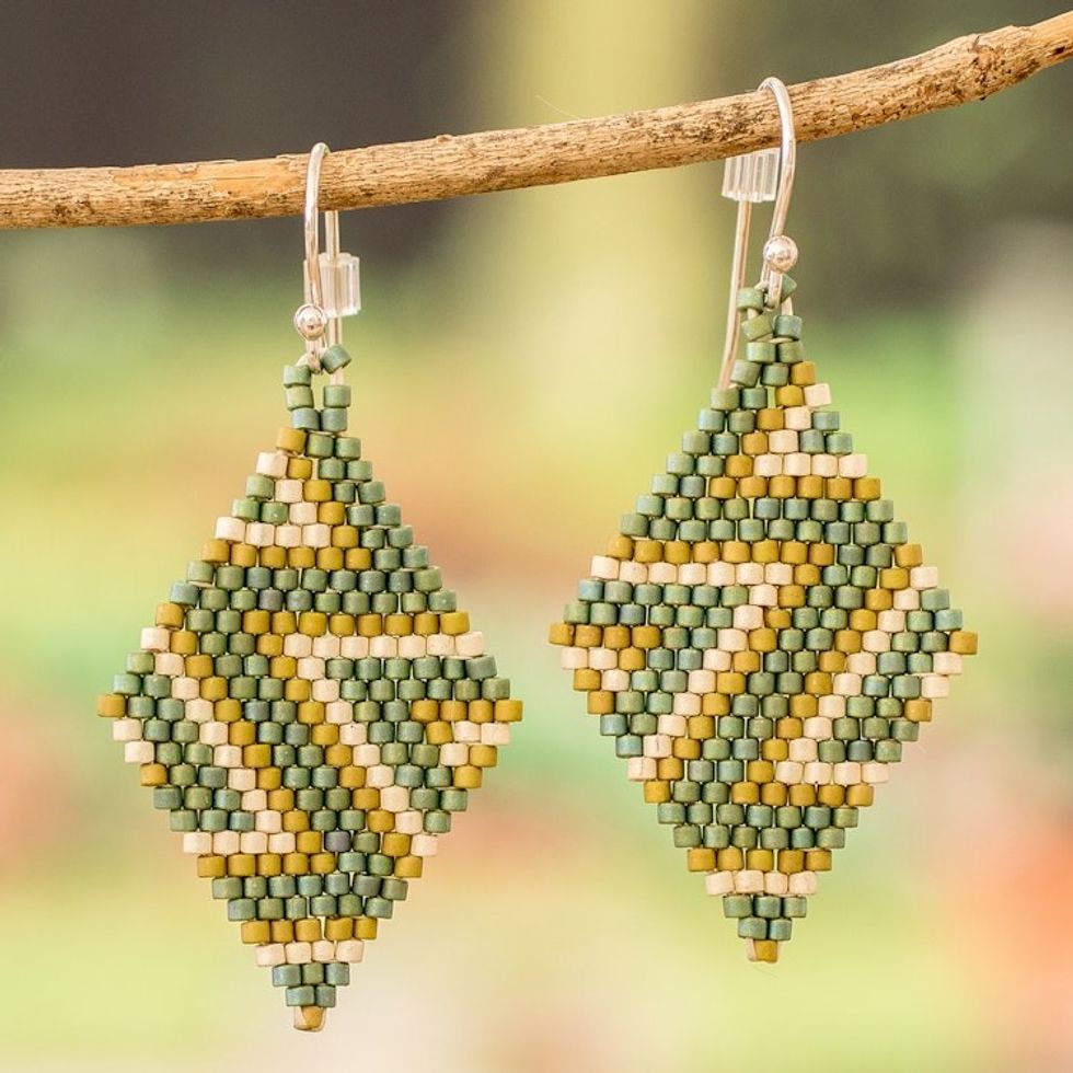 Chevron-Patterned Green Glass Beaded Dangle Earrings 'Green Frequencies'