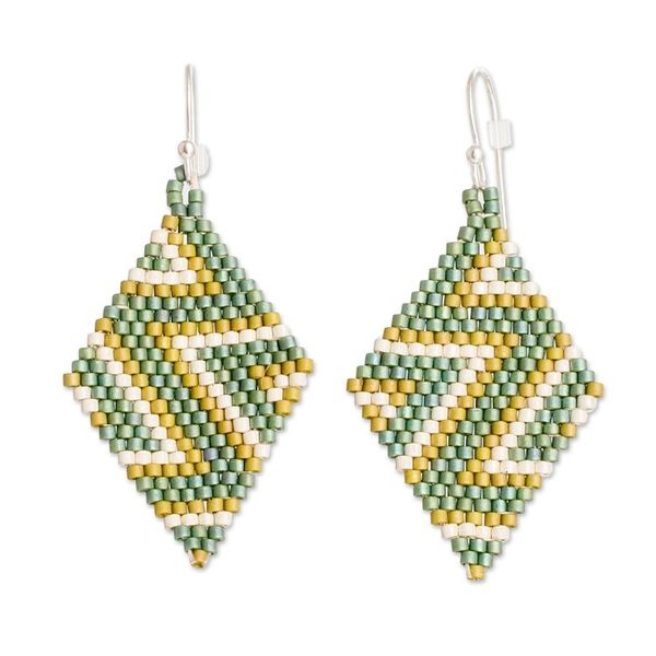 Alternate image for Chevron-Patterned Green Glass Beaded Dangle Earrings Green Frequencies