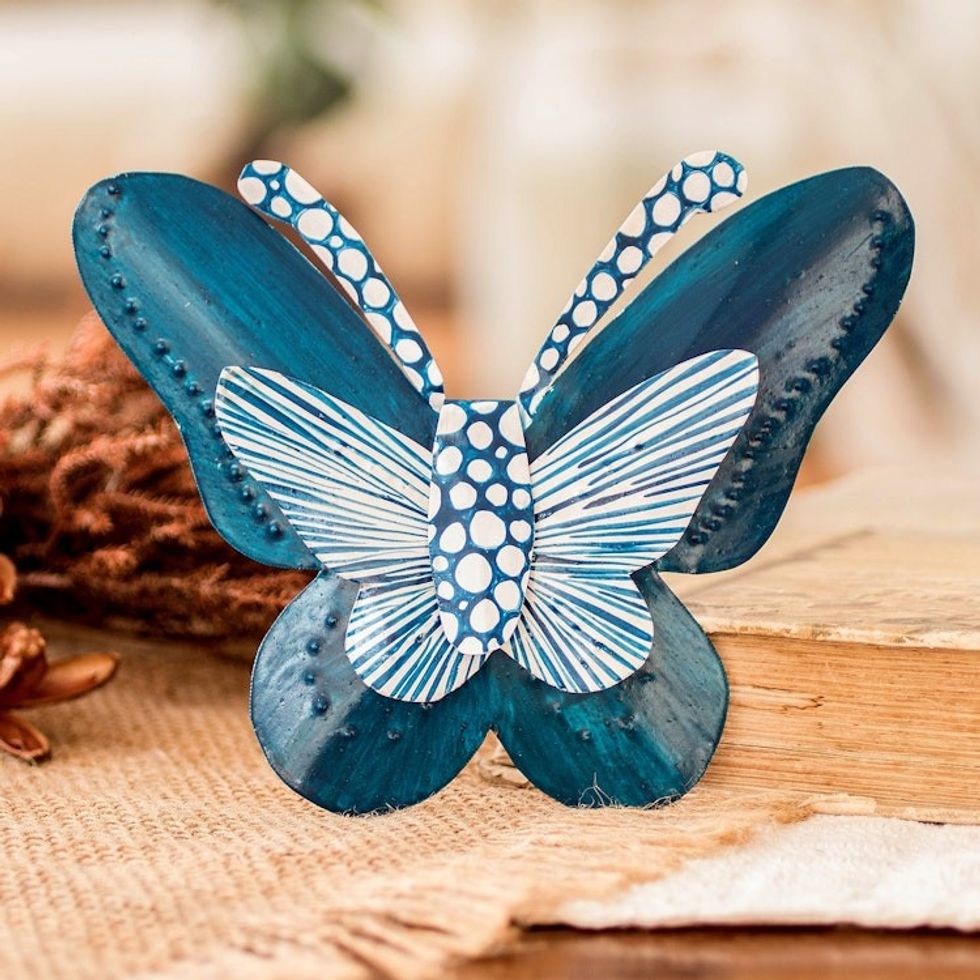Hand-Painted Butterfly-Shaped Turquoise Blue Steel Wall Art 'Flutter in the Sky'