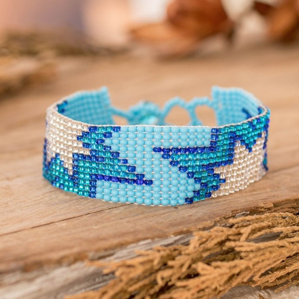 Sky Blue Glass Beaded Wristband Bracelet with Star Motifs 'Celestial Blast'