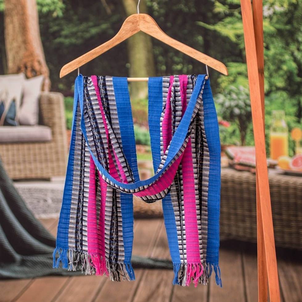 Striped Blue and Fuchsia 100 Cotton Scarf from Guatemala 'Palopo Lakes'