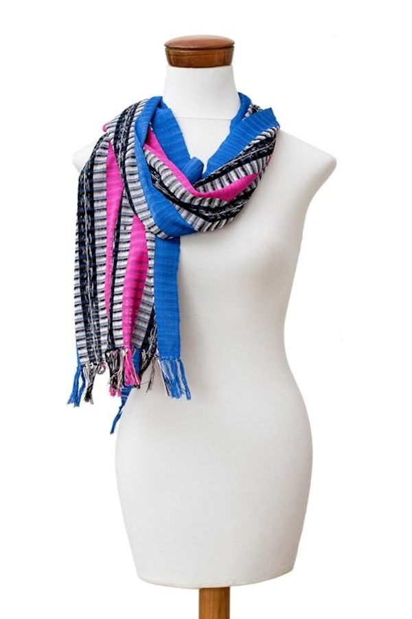 Alternate image for Striped Blue and Fuchsia 100 Cotton Scarf from Guatemala Palopo Lakes