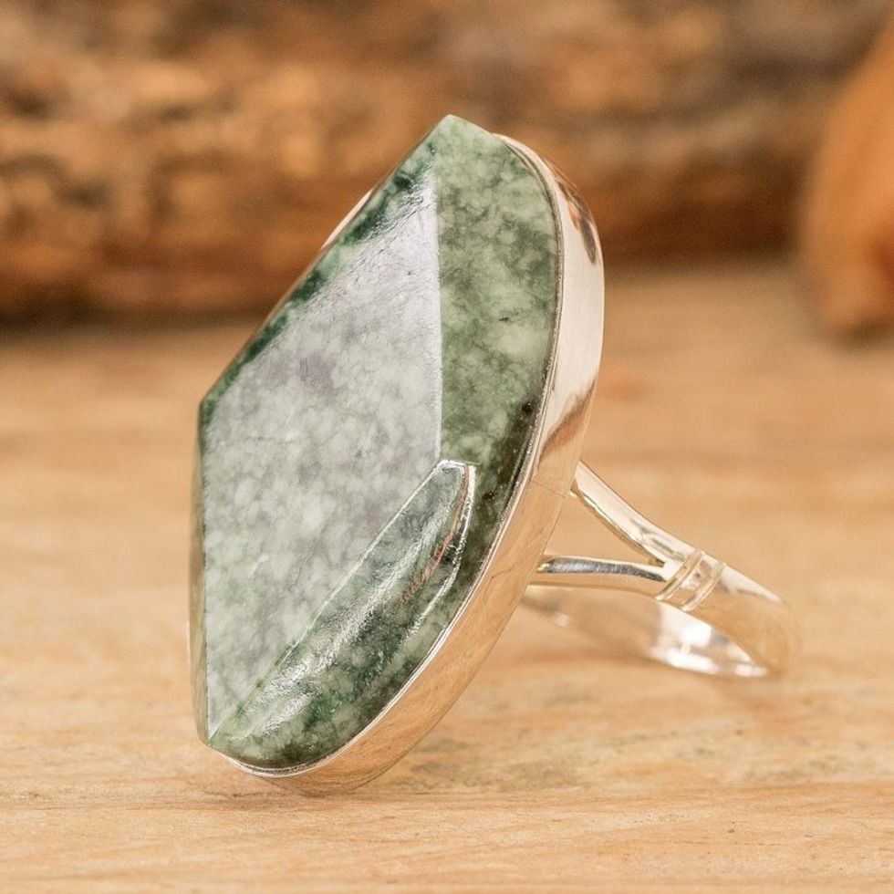 Polished Geometric Green Jade Cocktail Ring from Guatemala 'Vital Shimmering'