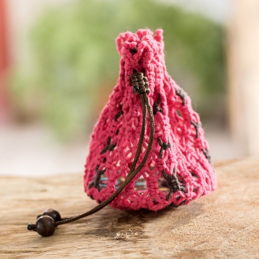 Pink Brown Adjustable Macrame Cotton Pouch with Wooden Beads 'Tropical Rose'