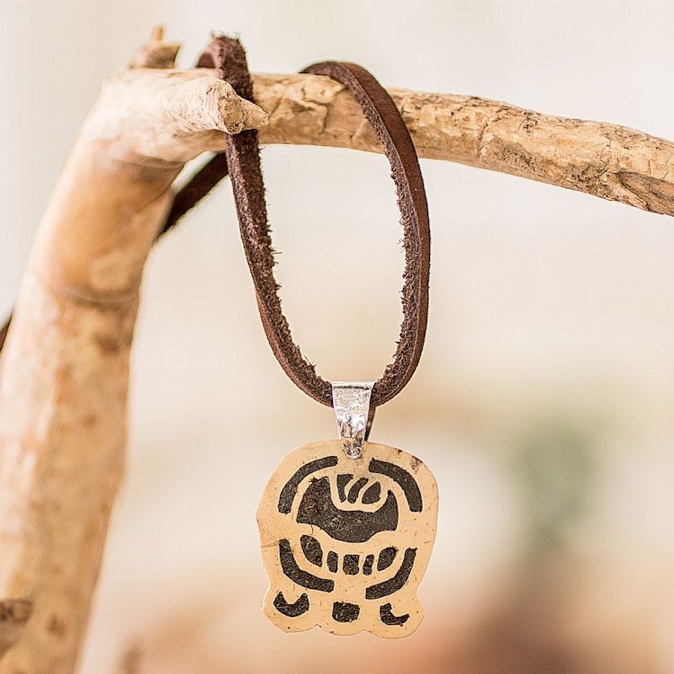 Coconut Shell and Lava Stone K'at Sign Pendant Necklace 'Dream Seeker'