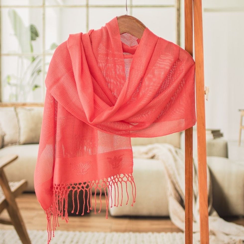 Handloomed Floral Pink Rayon Shawl with Fringes 'Pink Blooming'