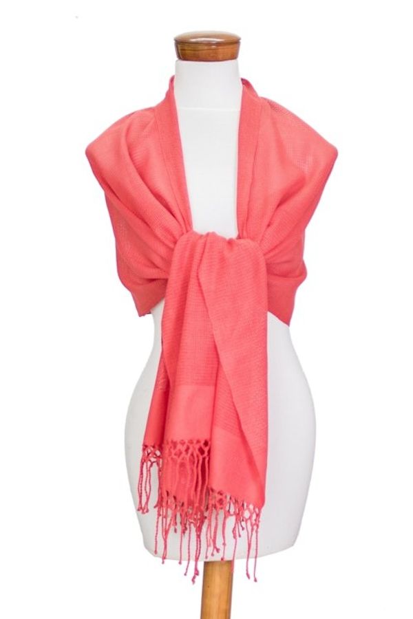 Alternate image for Handloomed Floral Pink Rayon Shawl with Fringes Pink Blooming