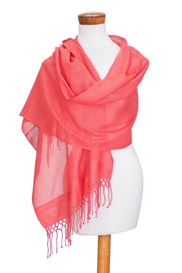 Alternate image for Handloomed Floral Pink Rayon Shawl with Fringes Pink Blooming