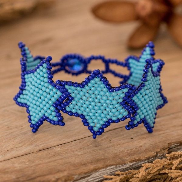 Alternate image for Star-Themed Handmade Beaded Wristband Bracelet in Blue Hues Azure Starlight