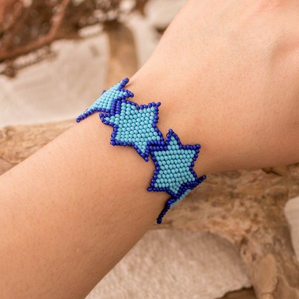Alternate image for Star-Themed Handmade Beaded Wristband Bracelet in Blue Hues Azure Starlight