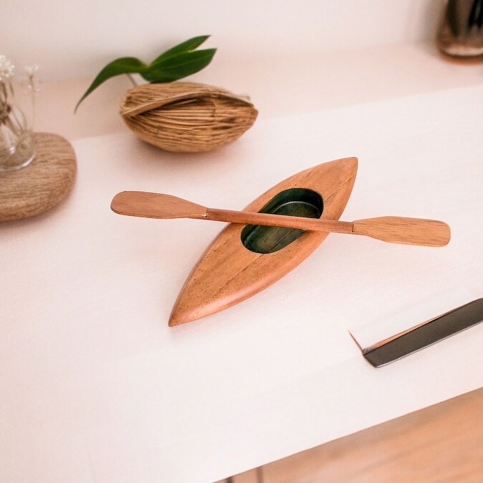 Hand-Carved Green and Brown Canoe Catchall with Paddle 'Harmonious Current'