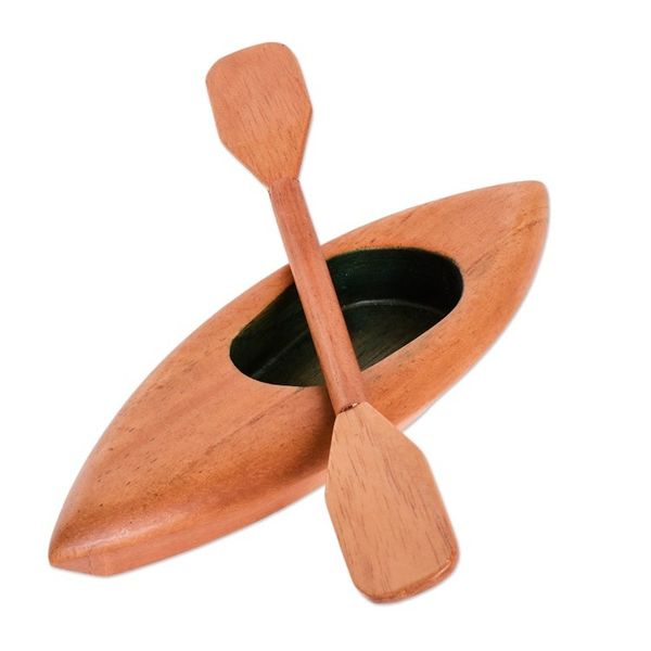 Alternate image for Hand-Carved Green and Brown Canoe Catchall with Paddle Harmonious Current