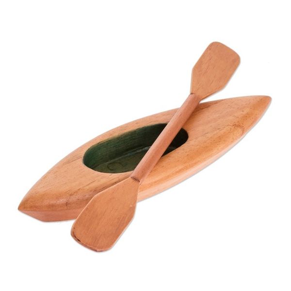 Alternate image for Hand-Carved Green and Brown Canoe Catchall with Paddle Harmonious Current