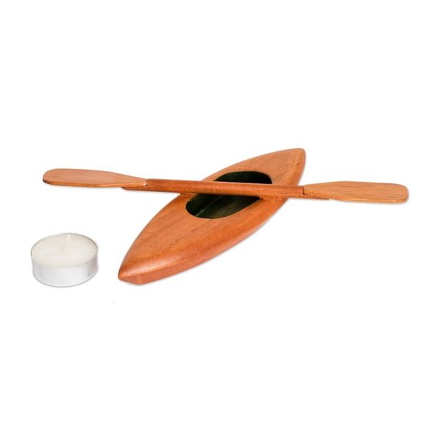 Alternate image for Hand-Carved Green and Brown Canoe Catchall with Paddle Harmonious Current