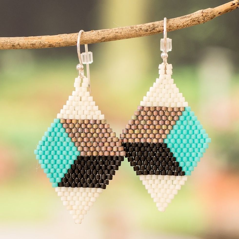 Handmade Geometric Modern Glass Beaded Dangle Earrings 'Portal to Geometry'