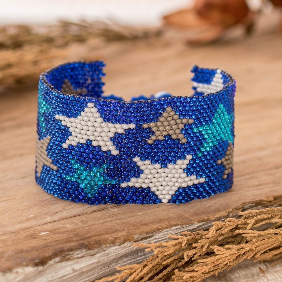 Star-Themed Handmade Beaded Bracelet in Blue White and Grey 'Constellation in Blue'
