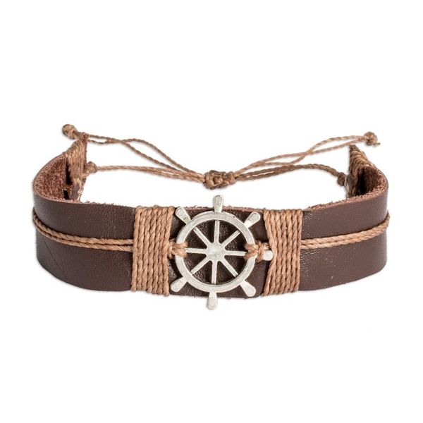 Alternate image for Mens Leather and Stainless Steel Helmsman Pendant Bracelet High Seas Helmsman