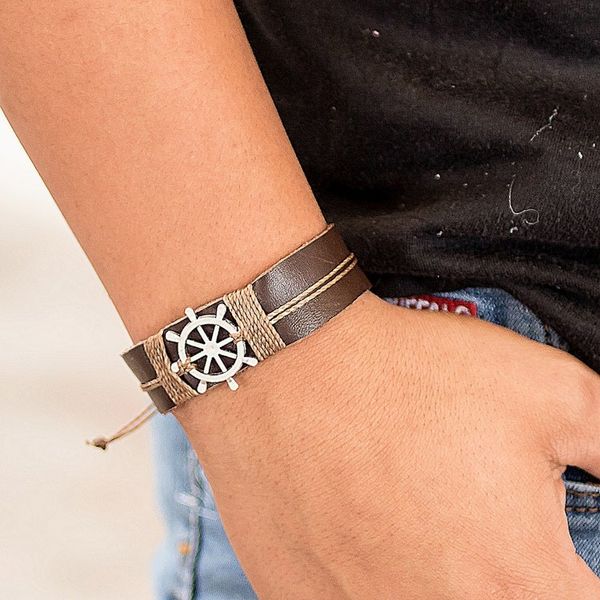 Alternate image for Mens Leather and Stainless Steel Helmsman Pendant Bracelet High Seas Helmsman