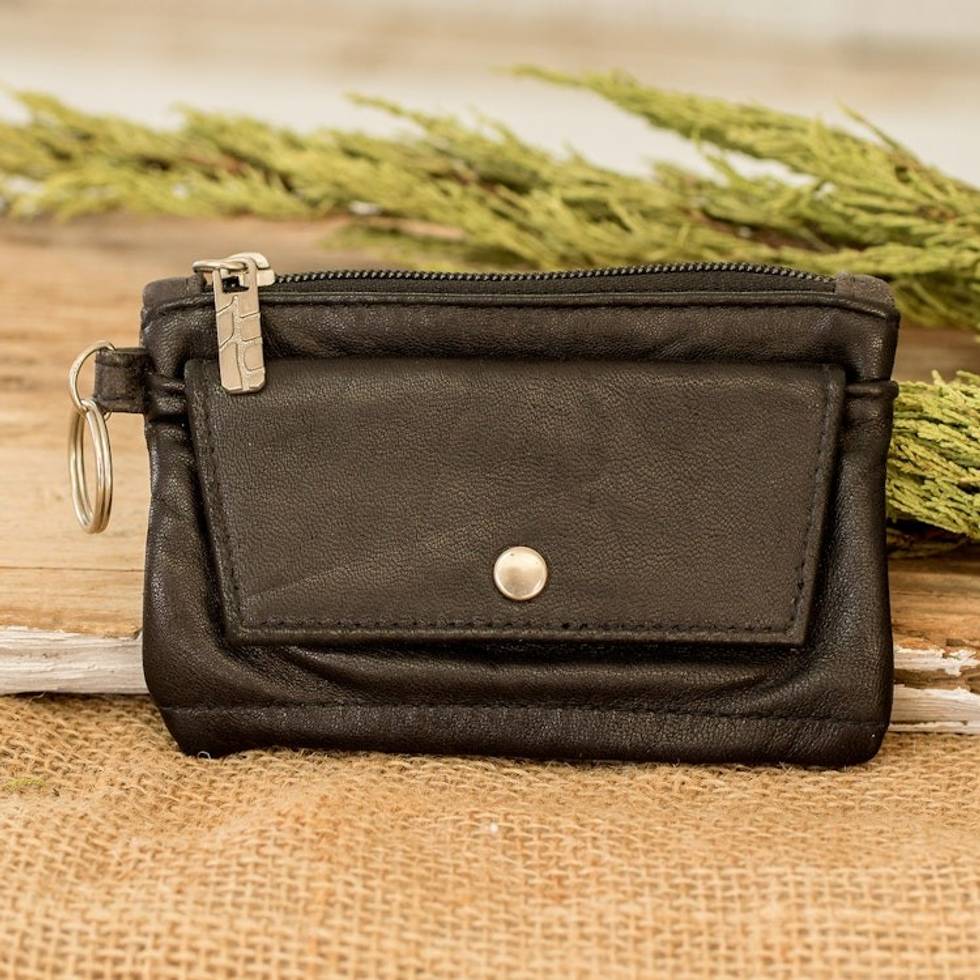 Eco-Friendly Black Recycled Leather Coin Purse with Zipper 'Frugal Space'