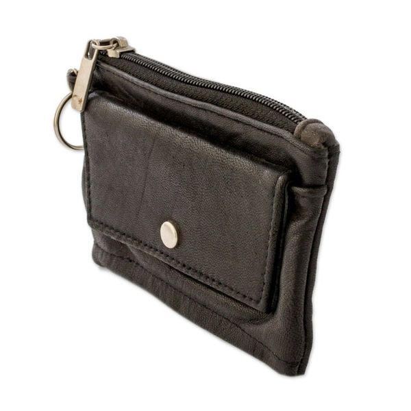Alternate image for Eco-Friendly Black Recycled Leather Coin Purse with Zipper Frugal Space