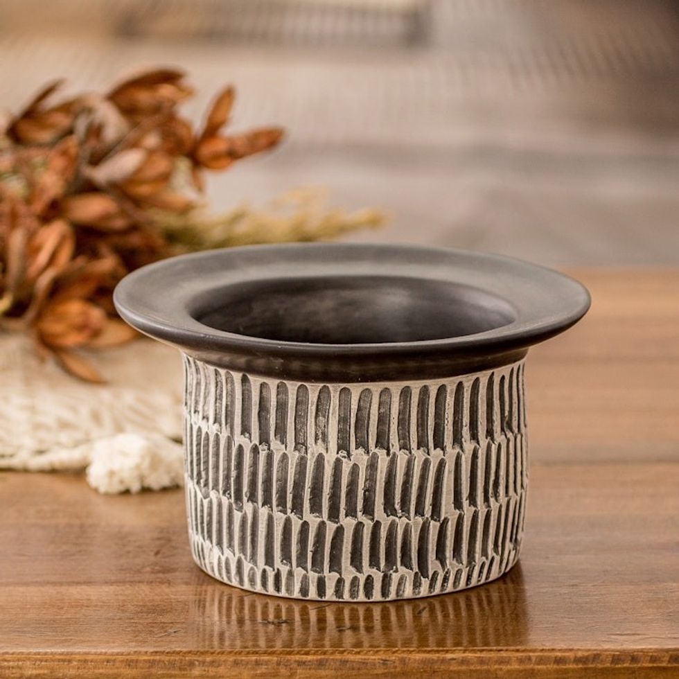Artisan-Made Textured Ceramic Vase Hand-Painted in Guatemala 'Festival of Flowers in Black'