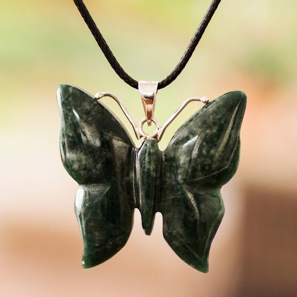 Light Green Jade Butterfly Pendant Necklace with Cotton Cord 'Butterfly Bliss'